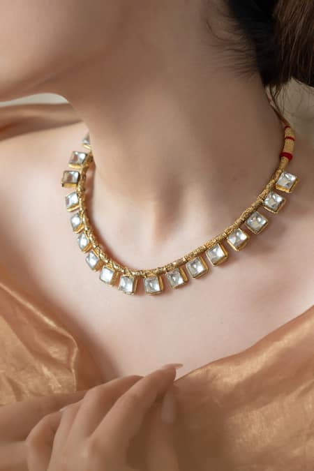 Shop Do Taara Gold Plated Stones Square Kundan Embellished Choker Set Online at Aza Fashions Shop_Do Taara_Gold Plated Stones Square Kundan Embellished Choker Set _Online_at_Aza_Fashions