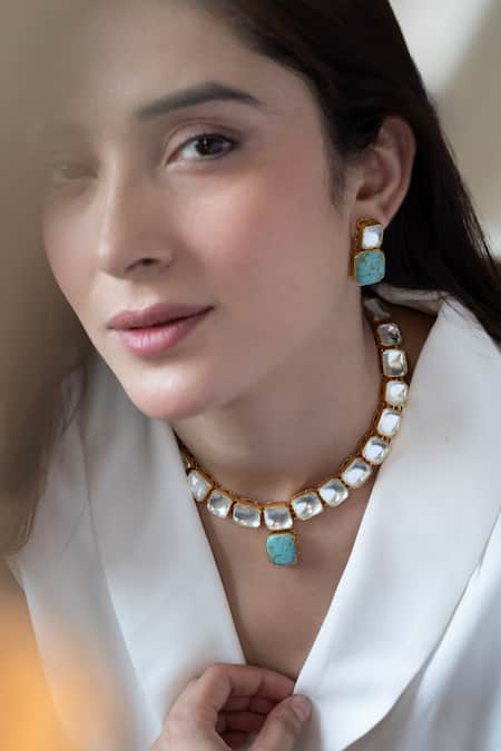 Shop_Do Taara_Blue Diamonds, Stones Firoza Kundan Embellished Choker Set_Online_at_Aza_Fashions