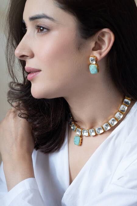 Do Taara_Blue Diamonds, Stones Firoza Kundan Embellished Choker Set_at_Aza_Fashions