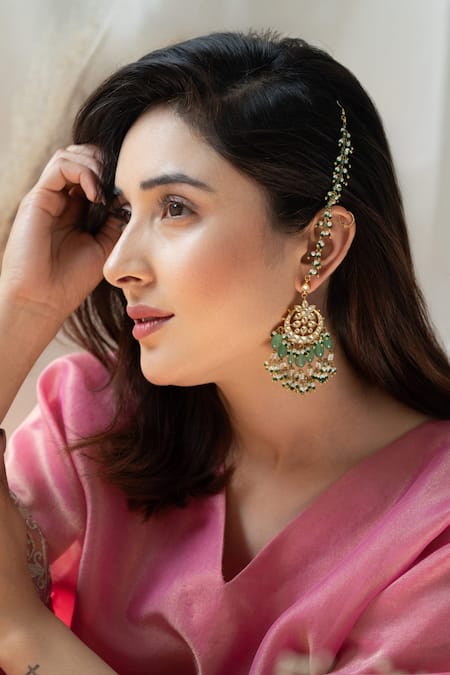 Do Taara Green Natural Stones Kundan Studded Floral Crecent Chandbali Earrings 