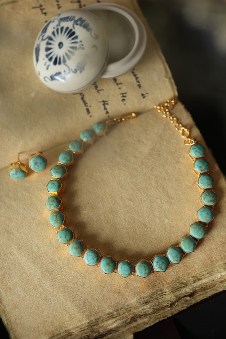 Do Taara_Blue Stones Firoza Embellished Choker Set _Online_at_Aza_Fashions