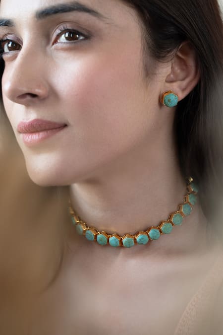 Buy_Do Taara_Blue Stones Firoza Embellished Choker Set _Online_at_Aza_Fashions