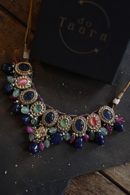 Shop Do Taara Multi Color Natural Stone Studded Kundan Choker Necklace at Aza Fashions Shop_Do Taara_Multi Color Natural Stone Studded Kundan Choker Necklace_at_Aza_Fashions
