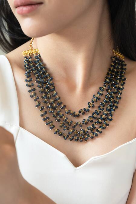 Shop Do Taara Blue Onyx Tassel Layered Necklace Online at Aza Fashions Shop_Do Taara_Blue Onyx Tassel Layered Necklace _Online_at_Aza_Fashions