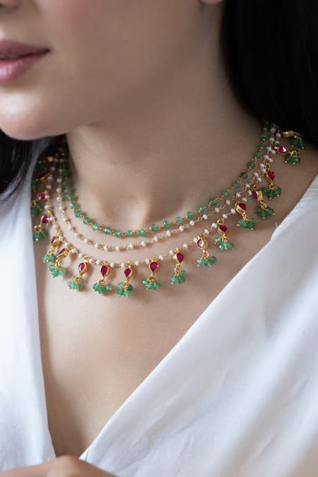 Do Taara_Green Onyx Kundan Embellished Layered Necklace _Online_at_Aza_Fashions