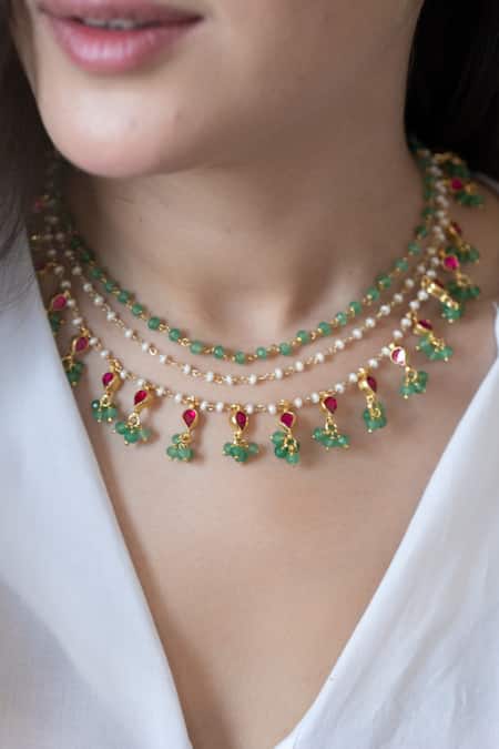 Buy_Do Taara_Green Onyx Kundan Embellished Layered Necklace _Online_at_Aza_Fashions