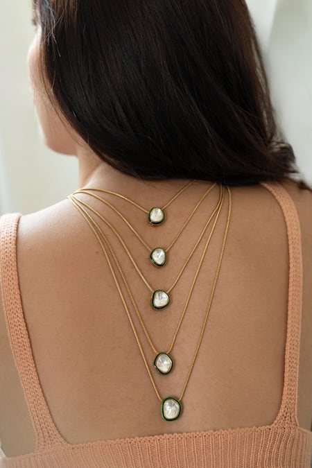 Buy_Do Taara_Green Polki Embellished Layered Chain Necklace _Online_at_Aza_Fashions