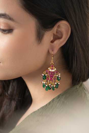 Do Taara_Pink Pearls, Stones, Crystals Kundan Studded Fish Pattern Earrings _Online_at_Aza_Fashions