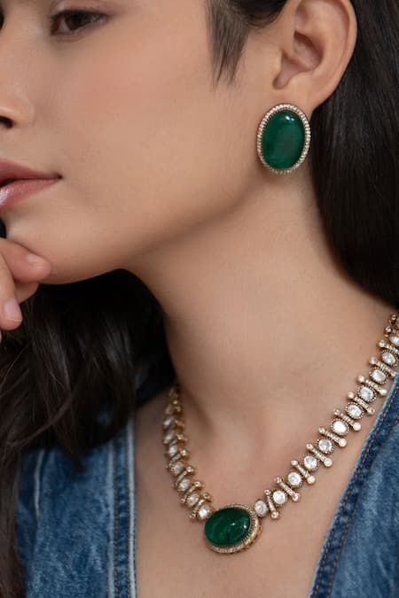 Do Taara Green Crystals, Diamonds Victorian Polki Stone Studded Choker Set Online at Aza Fashions Do Taara_Green Crystals, Diamonds Victorian Polki Stone Studded Choker Set _Online_at_Aza_Fashions