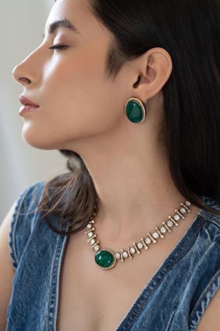 Buy Do Taara Green Crystals, Diamonds Victorian Polki Stone Studded Choker Set Online at Aza Fashions Buy_Do Taara_Green Crystals, Diamonds Victorian Polki Stone Studded Choker Set _Online_at_Aza_Fashions