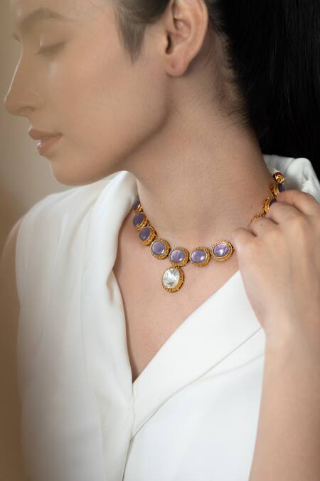 Shop_Do Taara_Purple Diamonds, Stones Natural Studded Choker Set_Online_at_Aza_Fashions