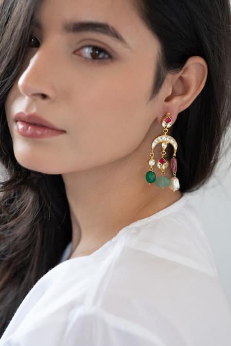 Buy Do Taara Multi Color Pearls, Gota Patti, Stones Kundan Studded Crecent Tassel Earrings at Aza Fashions Buy_Do Taara_Multi Color Pearls, Gota Patti, Stones Kundan Studded Crecent Tassel Earrings _at_Aza_Fashions