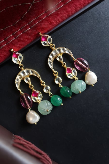 Shop Do Taara Multi Color Pearls, Gota Patti, Stones Kundan Studded Crecent Tassel Earrings at Aza Fashions Shop_Do Taara_Multi Color Pearls, Gota Patti, Stones Kundan Studded Crecent Tassel Earrings _at_Aza_Fashions