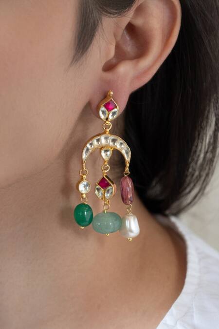 Do Taara Multi Color Pearls, Gota Patti, Stones Kundan Studded Crecent Tassel Earrings Online at Aza Fashions Do Taara_Multi Color Pearls, Gota Patti, Stones Kundan Studded Crecent Tassel Earrings _Online_at_Aza_Fashions