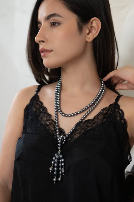 Shop Do Taara Grey Pearl Long Tie Necklace Online at Aza Fashions Shop_Do Taara_Grey Pearl Long Tie Necklace _Online_at_Aza_Fashions
