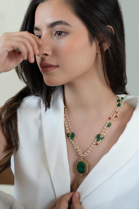 Do Taara Stone Embellished Pearl Multi-Chain Necklace 