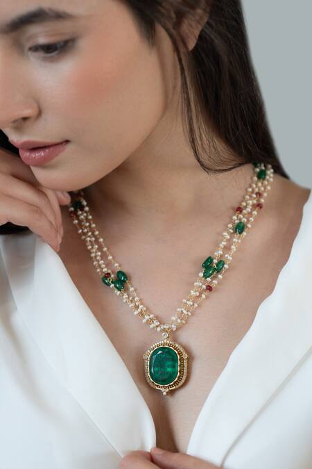 Do Taara_Green Stone Embellished Pearl Multi-chain Necklace _Online_at_Aza_Fashions