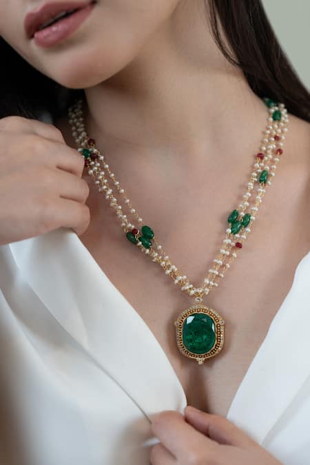 Buy_Do Taara_Green Stone Embellished Pearl Multi-chain Necklace _Online_at_Aza_Fashions