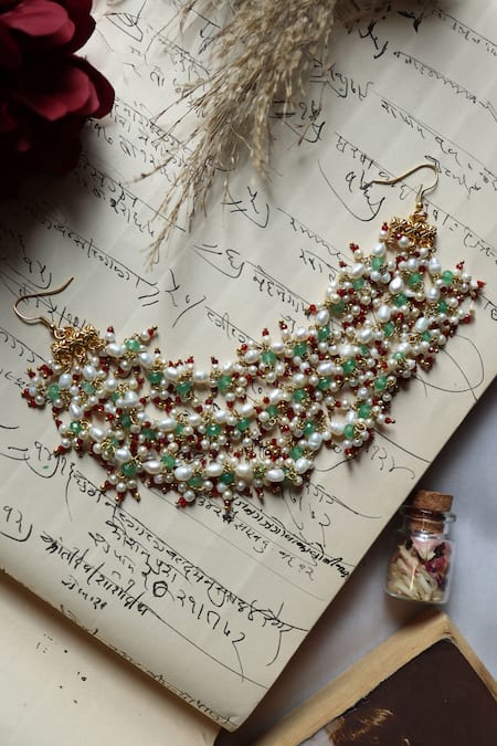 Shop Do Taara Multi Color Pearls, Beads Onyx Tassel Layered Braid Pin at Aza Fashions Shop_Do Taara_Multi Color Pearls, Beads Onyx Tassel Layered Braid Pin _at_Aza_Fashions