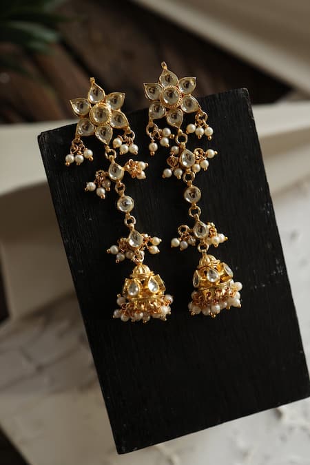 Shop Do Taara Gold Plated Pearls, Diamonds Kundan Embellished Jhumkas at Aza Fashions Shop_Do Taara_Gold Plated Pearls, Diamonds Kundan Embellished Jhumkas _at_Aza_Fashions