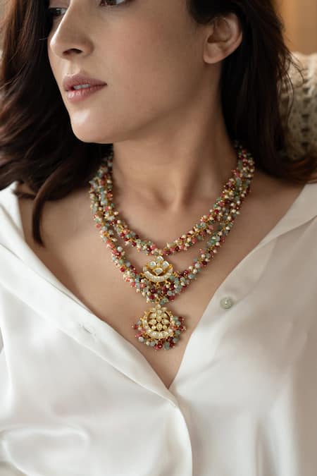 Do Taara Multi Color Kundan Embellished Layered Pendant Necklace 