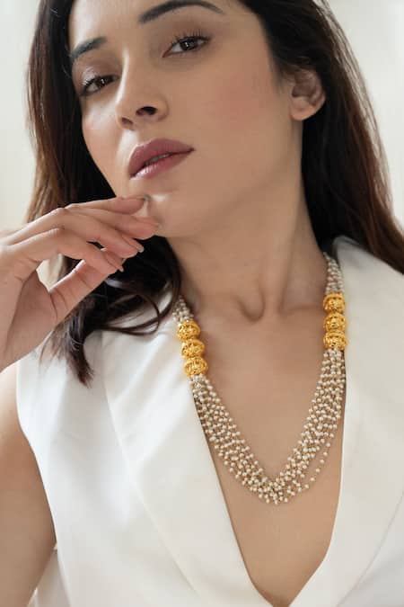 Shop_Do Taara_Gold Plated Pearl Embellished Long Necklace _Online_at_Aza_Fashions