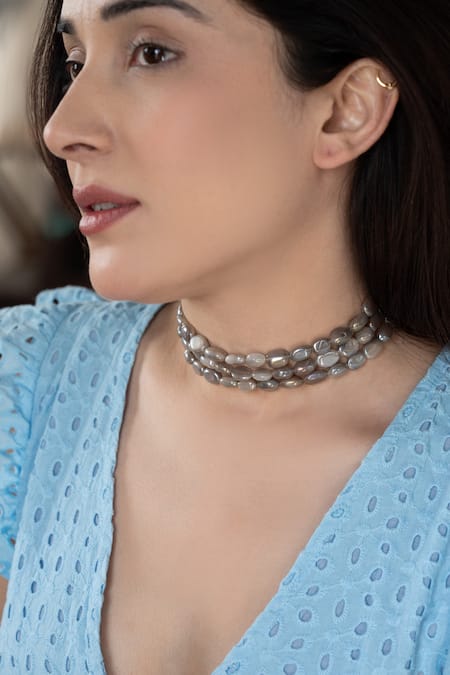 Do Taara Grey Moonstone Moon Embellished Choker 