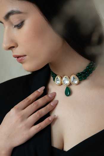 Do Taara_Green Tear Drop Carved Jade Choker _Online_at_Aza_Fashions