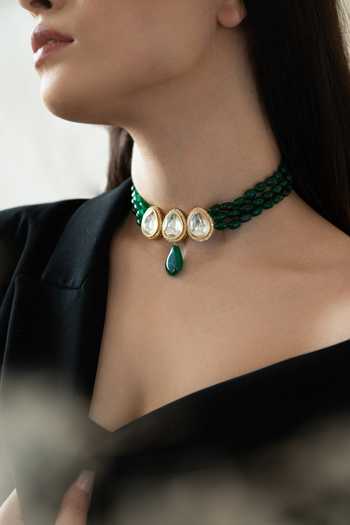 Shop_Do Taara_Green Tear Drop Carved Jade Choker _Online_at_Aza_Fashions