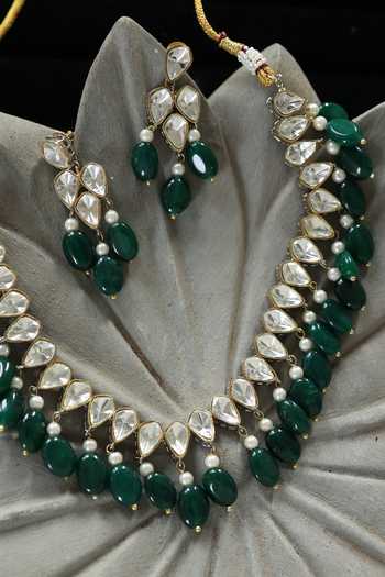 Do Taara_Green Pearls, Stones, Zari Polki Embellished Necklace Set _Online_at_Aza_Fashions