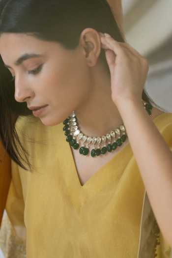 Shop_Do Taara_Green Pearls, Stones, Zari Polki Embellished Necklace Set _Online_at_Aza_Fashions