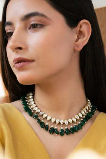 Do Taara_Green Pearls, Stones, Zari Polki Embellished Necklace Set _at_Aza_Fashions