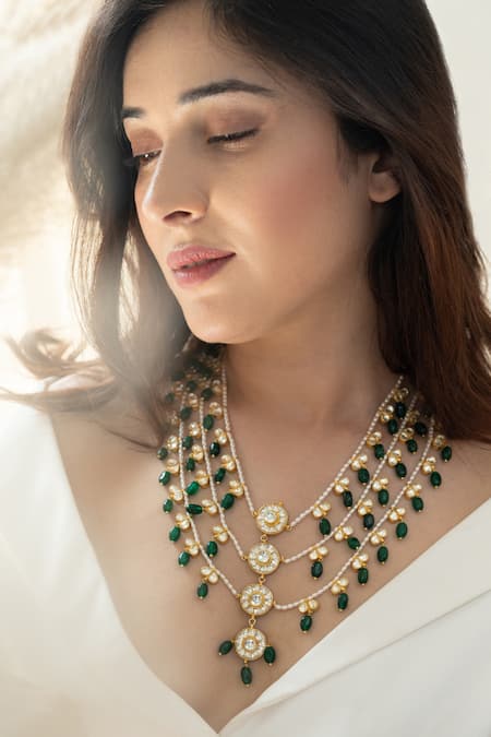 Do Taara Green Pearl Kundan Embellished Layered Necklace 