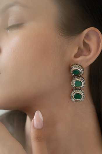 Do Taara_Green Crystals, Diamonds Kundan Embellished Earrings _Online_at_Aza_Fashions