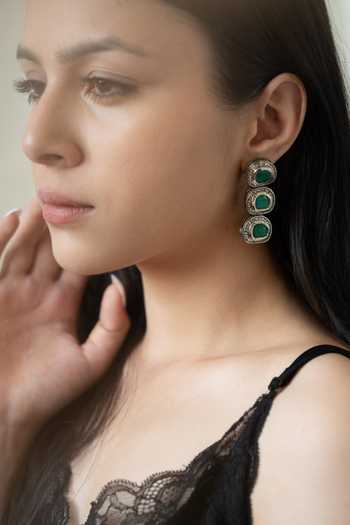 Do Taara_Green Crystals, Diamonds Kundan Embellished Earrings _at_Aza_Fashions