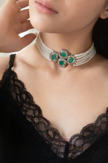 Do Taara Green Crystals, Stones Cubic Zirconia Embellished Pendant Choker Set Online at Aza Fashions Do Taara_Green Crystals, Stones Cubic Zirconia Embellished Pendant Choker Set _Online_at_Aza_Fashions