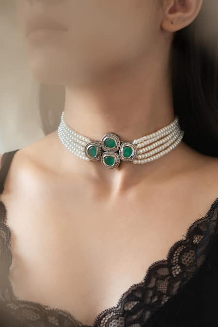 Shop Do Taara Green Crystals, Stones Cubic Zirconia Embellished Pendant Choker Set Online at Aza Fashions Shop_Do Taara_Green Crystals, Stones Cubic Zirconia Embellished Pendant Choker Set _Online_at_Aza_Fashions