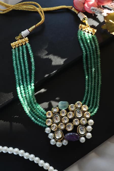 Shop Do Taara Green Kundan Embellished Pendant Necklace at Aza Fashions Shop_Do Taara_Green Kundan Embellished Pendant Necklace _at_Aza_Fashions