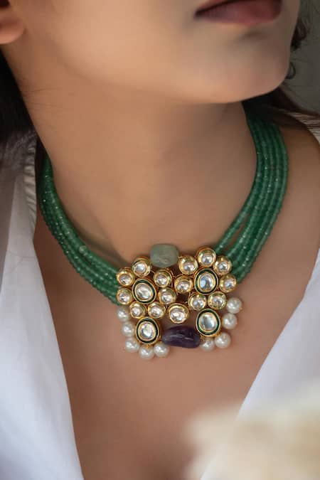 Do Taara Green Kundan Embellished Pendant Necklace Online at Aza Fashions Do Taara_Green Kundan Embellished Pendant Necklace _Online_at_Aza_Fashions