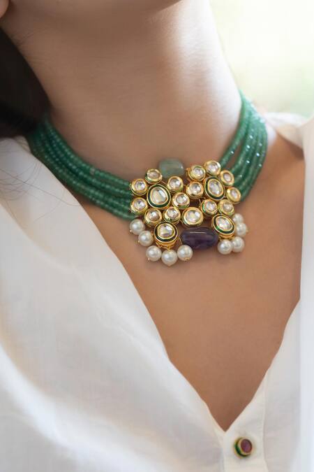 Shop Do Taara Green Kundan Embellished Pendant Necklace Online at Aza Fashions Shop_Do Taara_Green Kundan Embellished Pendant Necklace _Online_at_Aza_Fashions