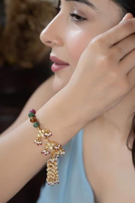 Do Taara Multi Color Natural Stone Kundan Embellished Bracelet 