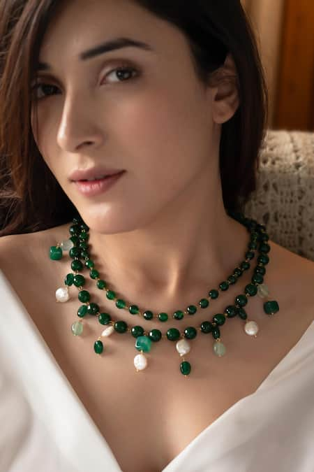 Do Taara Green Baroque Pearl Embellished Layered Necklace 