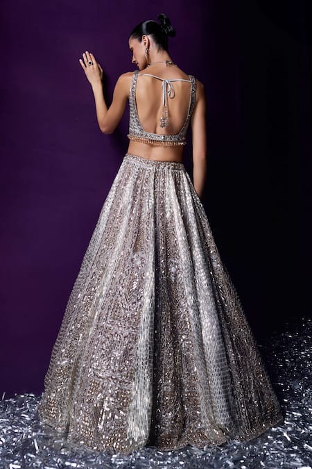 Shop Angad Singh Grey Organza Sequins, Crystals, Beads Scoop Neck Embroidered Lehenga Set at Aza Fashions Shop_Angad Singh_Grey Organza Sequins, Crystals, Beads Scoop Neck Embroidered Lehenga Set _at_Aza_Fashions