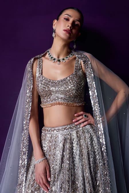 Buy Angad Singh Grey Organza Sequins, Crystals, Beads Scoop Neck Embroidered Lehenga Set Online at Aza Fashions Buy_Angad Singh_Grey Organza Sequins, Crystals, Beads Scoop Neck Embroidered Lehenga Set _Online_at_Aza_Fashions