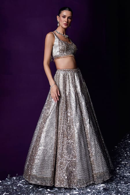 Shop Angad Singh Grey Organza Sequins, Crystals, Beads Scoop Neck Embroidered Lehenga Set Online at Aza Fashions Shop_Angad Singh_Grey Organza Sequins, Crystals, Beads Scoop Neck Embroidered Lehenga Set _Online_at_Aza_Fashions