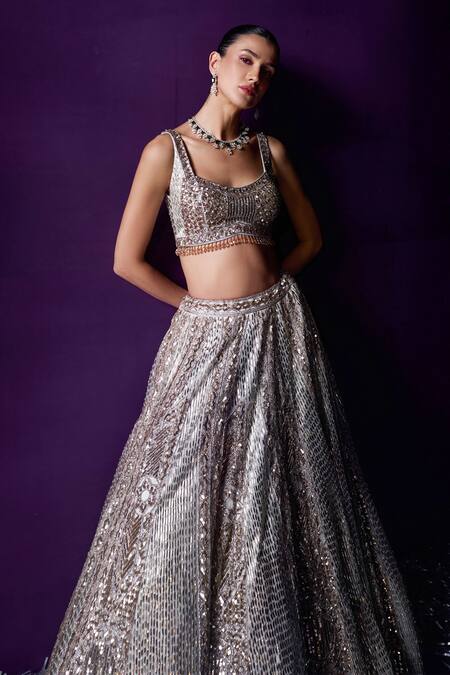 Angad Singh Grey Organza Sequins, Crystals, Beads Scoop Neck Embroidered Lehenga Set at Aza Fashions Angad Singh_Grey Organza Sequins, Crystals, Beads Scoop Neck Embroidered Lehenga Set _at_Aza_Fashions
