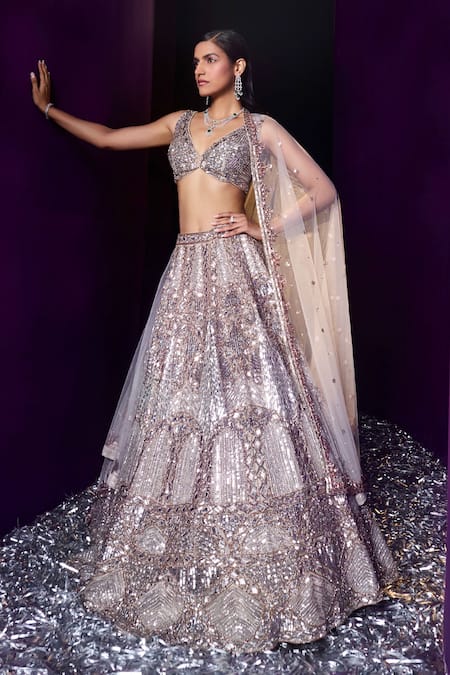 Angad Singh Gold Organza Embroidery Sequin V Neck Chevron Lehenga Set 