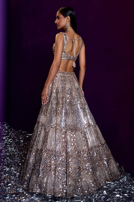 Shop Angad Singh Gold Organza Sequins, Beads, Crystals V-neck Chevron Embroidered Lehenga Set at Aza Fashions Shop_Angad Singh_Gold Organza Sequins, Beads, Crystals V-neck Chevron Embroidered Lehenga Set _at_Aza_Fashions