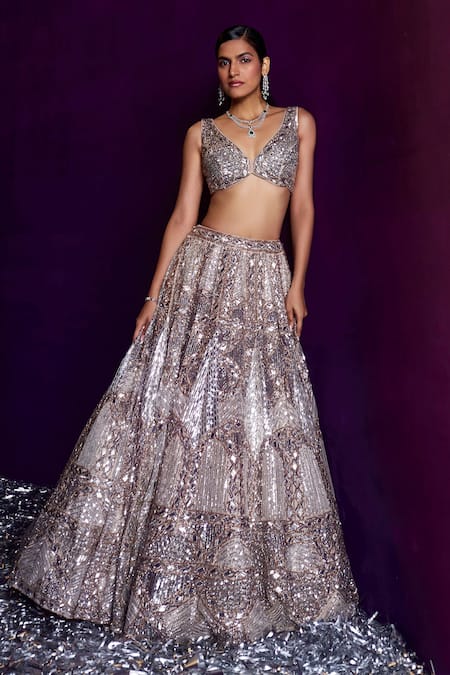 Buy Angad Singh Gold Organza Sequins, Beads, Crystals V-neck Chevron Embroidered Lehenga Set Online at Aza Fashions Buy_Angad Singh_Gold Organza Sequins, Beads, Crystals V-neck Chevron Embroidered Lehenga Set _Online_at_Aza_Fashions