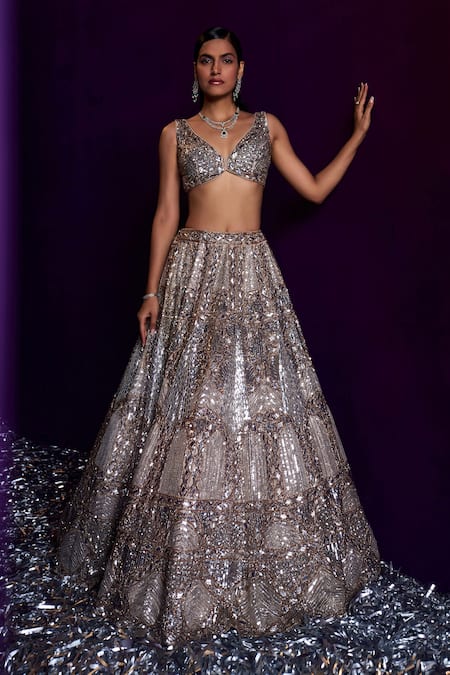 Shop Angad Singh Gold Organza Sequins, Beads, Crystals V-neck Chevron Embroidered Lehenga Set Online at Aza Fashions Shop_Angad Singh_Gold Organza Sequins, Beads, Crystals V-neck Chevron Embroidered Lehenga Set _Online_at_Aza_Fashions